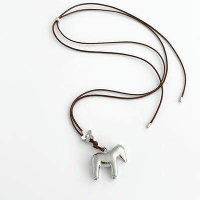 Horse Flower Pendant Necklace — artisan metallic pendant, brown wax rope