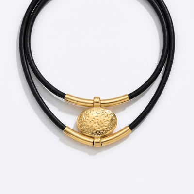 Vintage Oval Metal Faux Leather Necklace - AYAGold Color