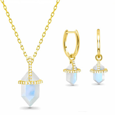 Blue Rainbow Moonstone Necklace With Earring - Sphere Standouts