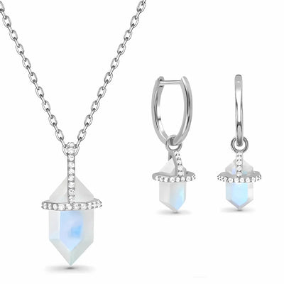 Blue Rainbow Moonstone Necklace With Earring - Sphere Standouts