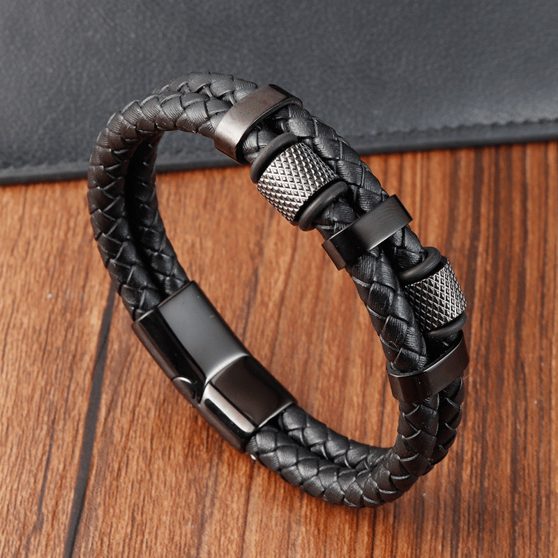 Titanium Steel Braided Leather Bracelet - Sphere Standouts