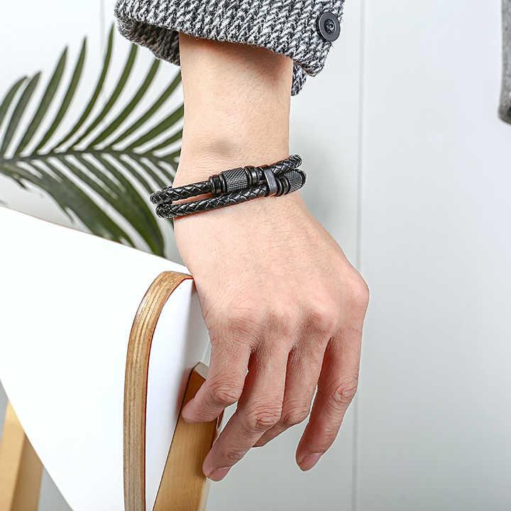 Titanium Steel Braided Leather Bracelet - Sphere Standouts