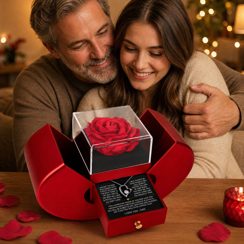 Father and daughter with the red heart rose box and the To My Daughter necklace