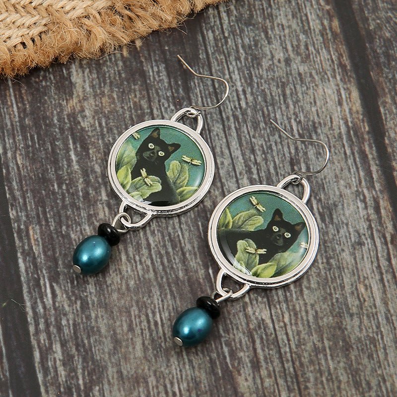 Vintage Black Cat Dangle Earrings - Sphere Standouts