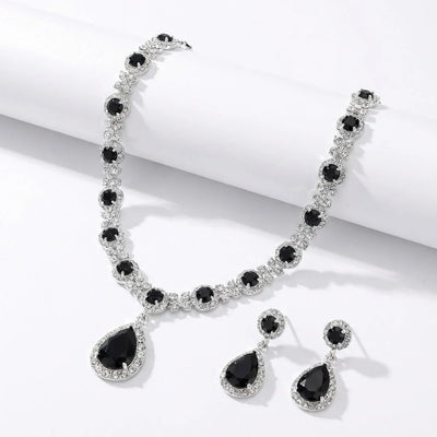 3 pieces of women's crystal droplet necklace with earrings set for wedding evening dress accessories Set - Black