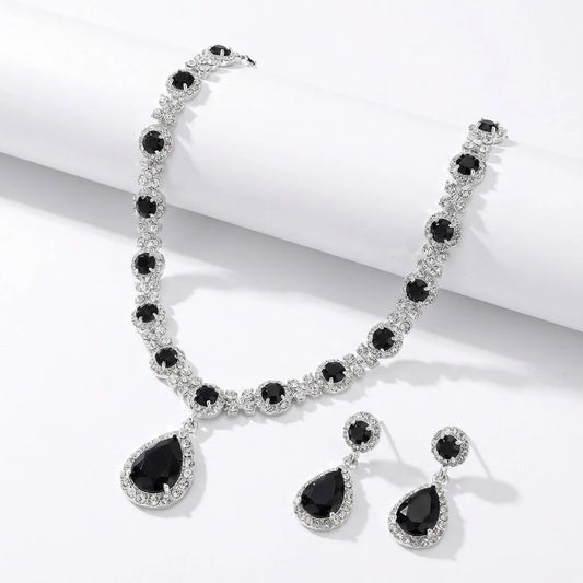 3 pieces of women's crystal droplet necklace with earrings set for wedding evening dress accessories Set - Black