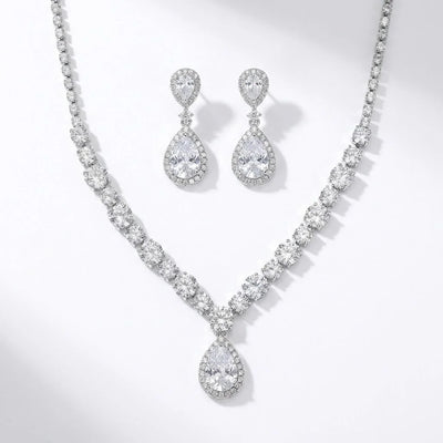 3 pieces of women's crystal droplet necklace with earrings set for wedding evening dress accessories Set - Silvery