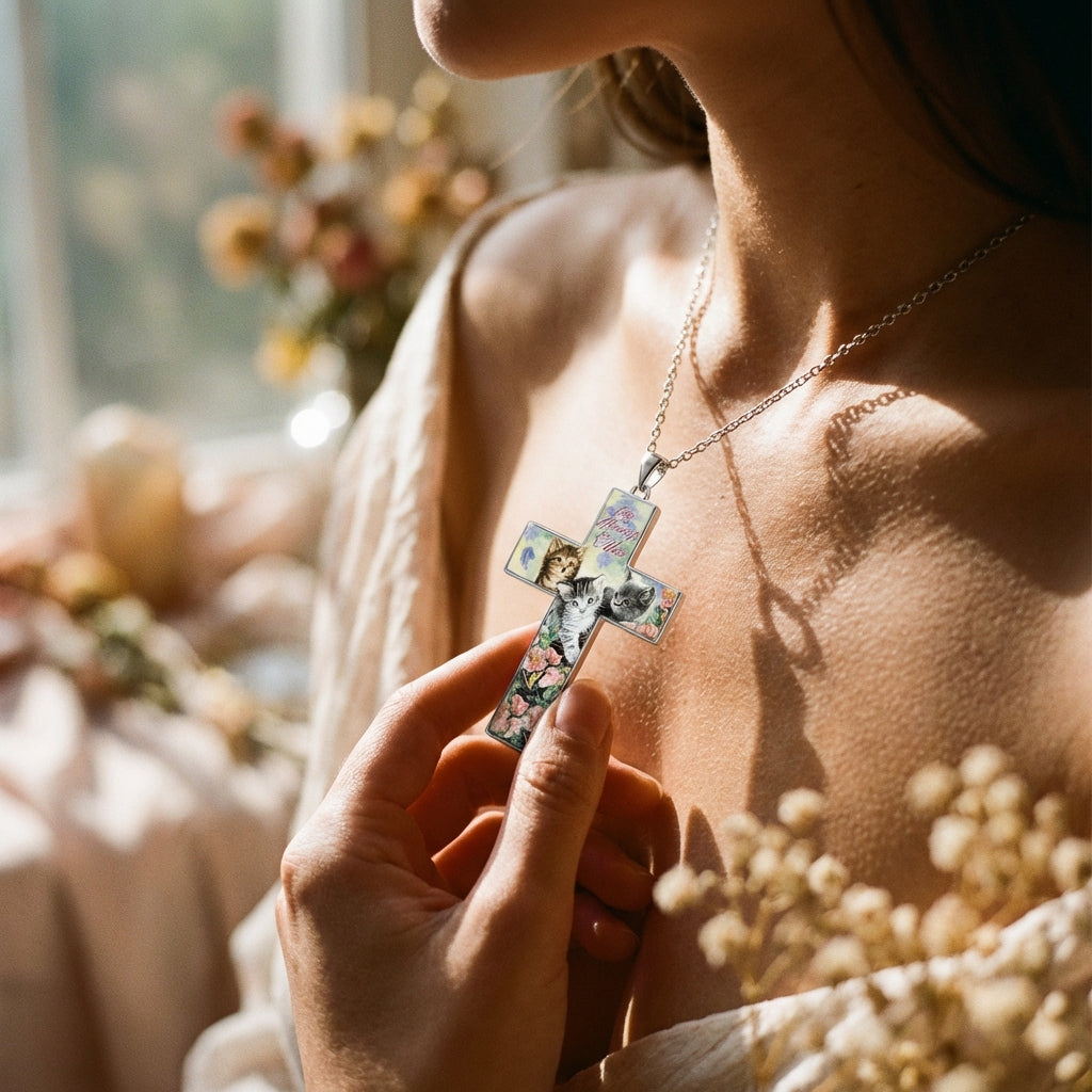 Three Cats Cross Pendant Necklace - Lifestyle 1