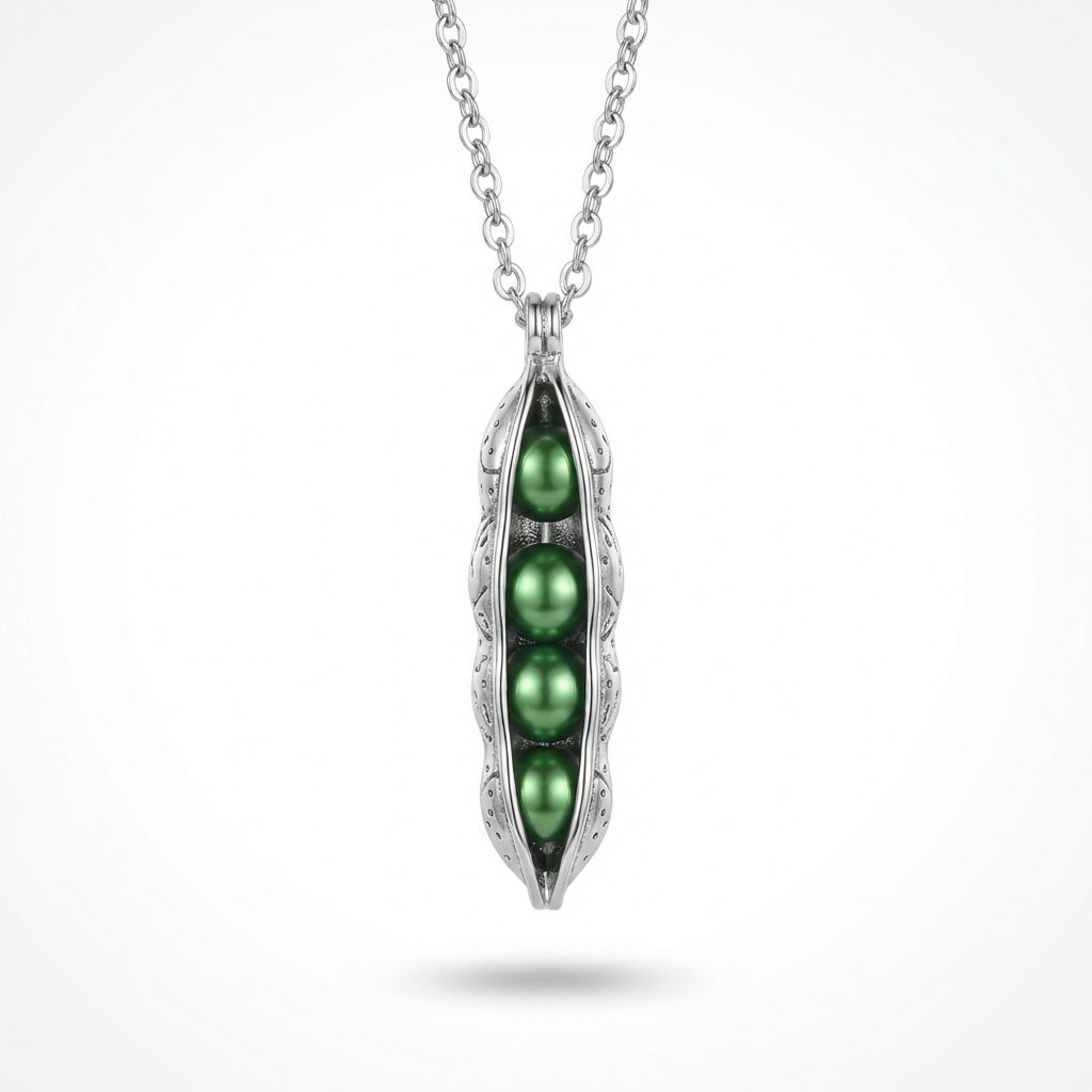 Vintage Cute Green Food Pea Pod Pendant Long Chain Necklace