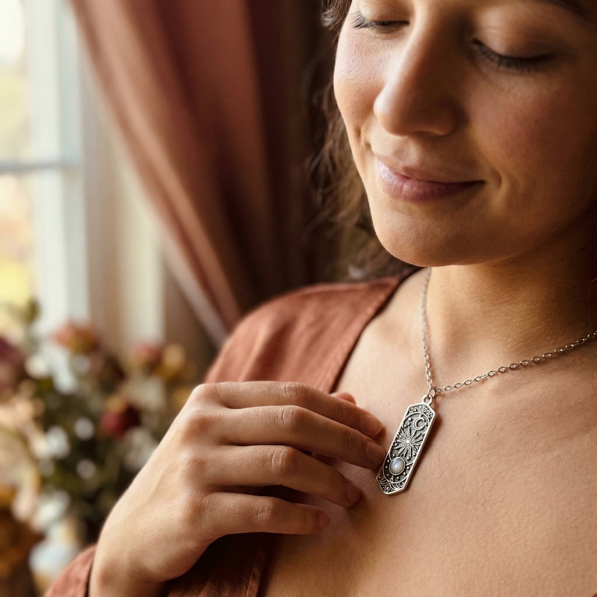 Fashion Personality Silver Color Geometric Universe Sun Moon Star Relief Moonstone Pendant Necklace - Lifestyle 1