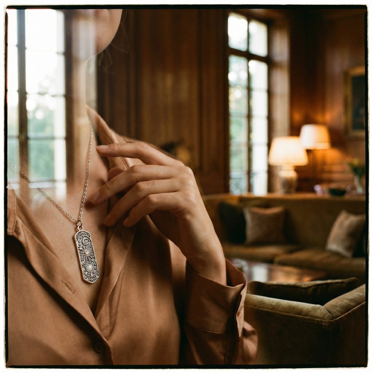 Fashion Personality Silver Color Geometric Universe Sun Moon Star Relief Moonstone Pendant Necklace - Lifestyle 3