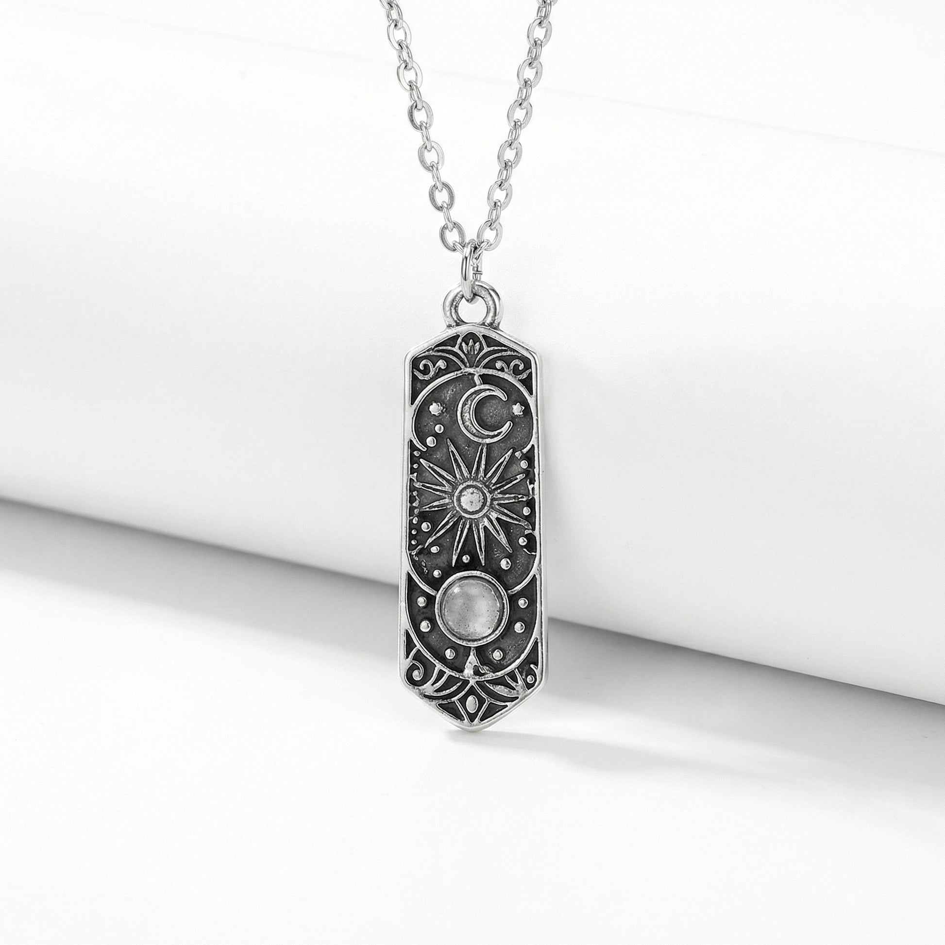 Fashion Personality Silver Color Geometric Universe Sun Moon Star Relief Moonstone Pendant Necklace