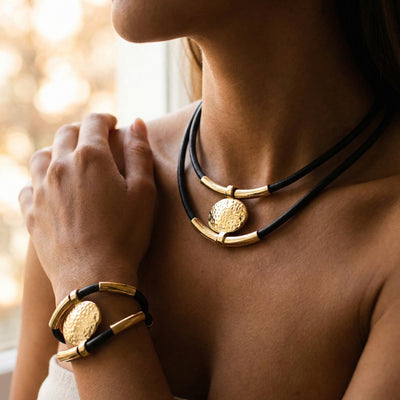 Vintage Oval Metal Faux Leather Necklace - Lifestyle 1