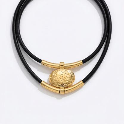 Vintage Oval Metal Faux Leather Necklace - AYAGold Color