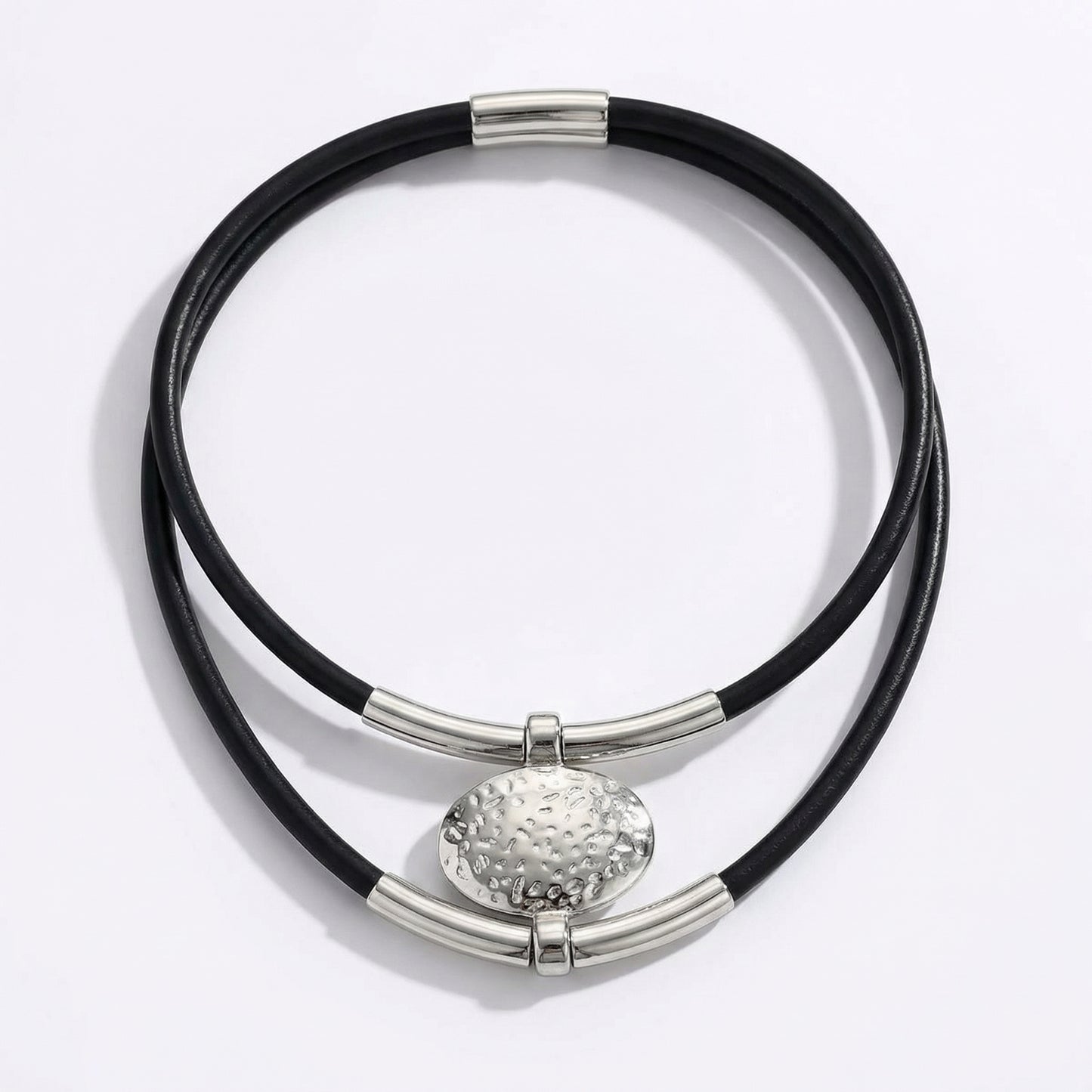 Vintage Oval Metal Faux Leather Necklace - AYASilver Color