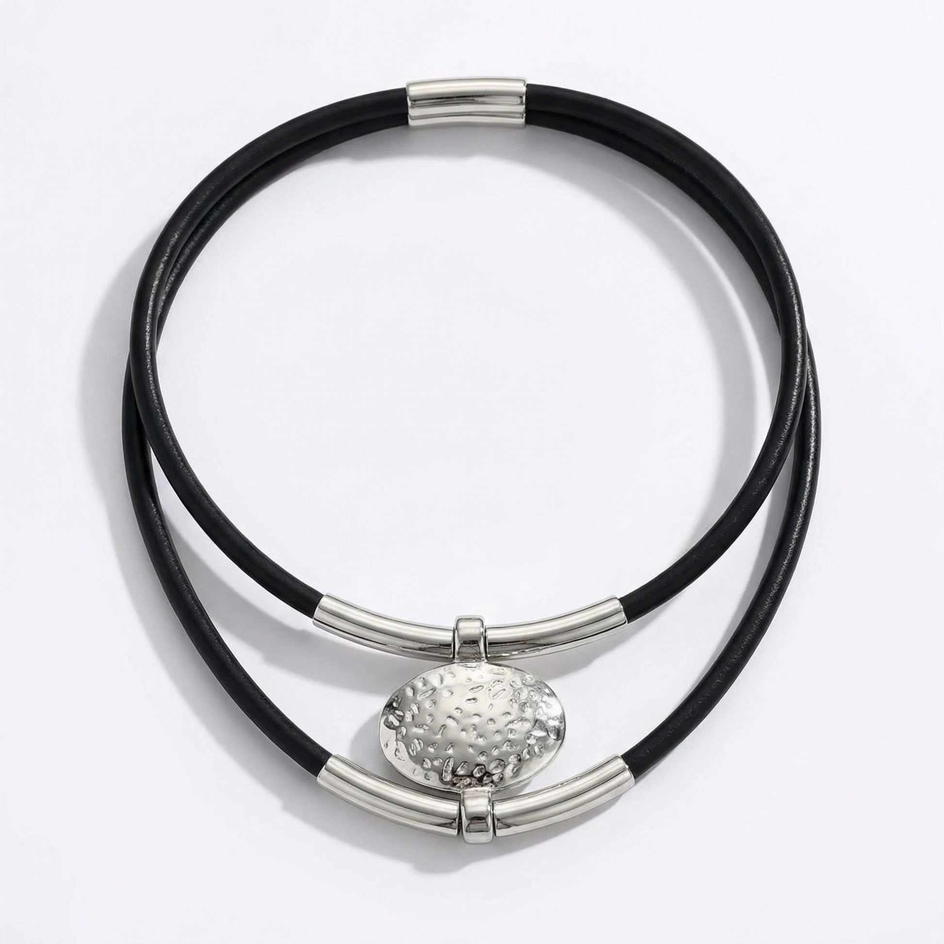 Vintage Oval Metal Faux Leather Necklace - AYASilver Color