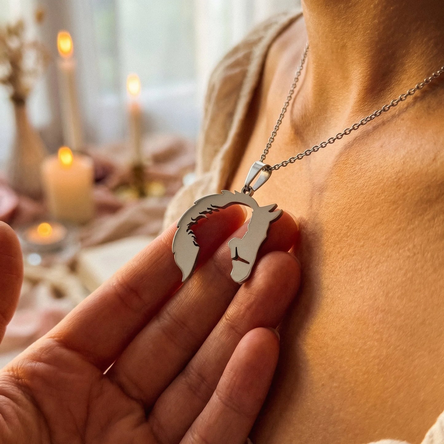 Elegant Horsehead and Girl Pendant Necklace - Lifestyle 1