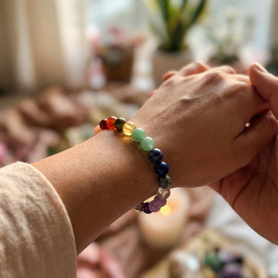 Healing Tigers Eye & Amethyst Gemstone 7 Chakra Bracelet - Lifestyle 1