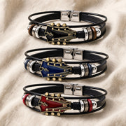The guitar bracelet in black, blue and red side by side