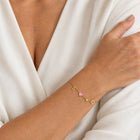 Initial, birthstone and zodiac charm bracelet worn on the wrist