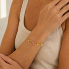 Close-up of the personalized charm bracelet on a woman's wrist