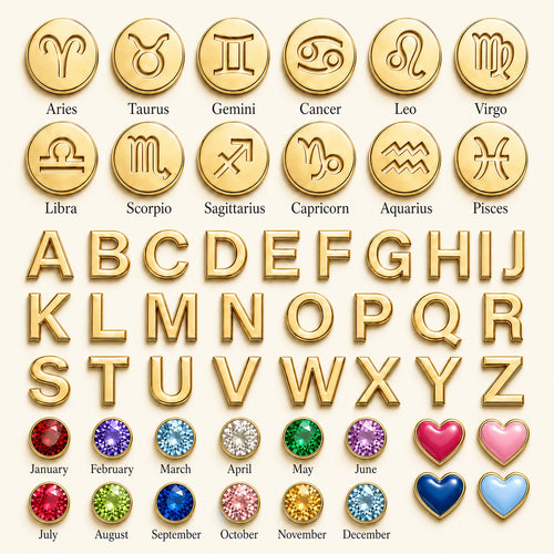 All charms: 12 zodiac signs, letters A to Z, 12 birthstones and 4 enamel hearts