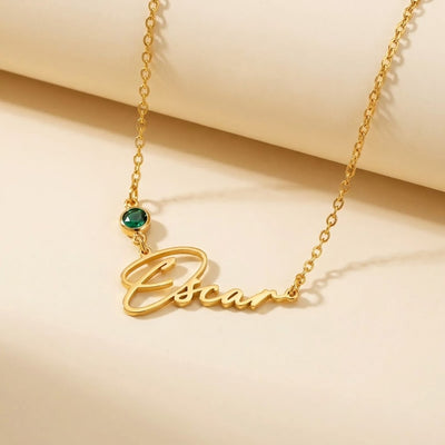 Birthstone Name Necklace - cursive name pendant with birthstone gem