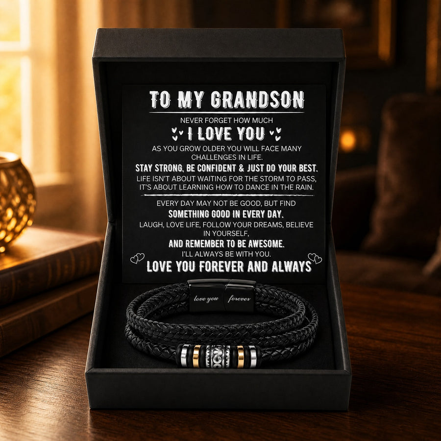 To My Grandson Love You Forever bracelet in its black gift box with the message card