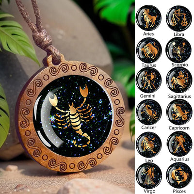 Zodiac Sign Glass Wood Necklace - Sphere Standouts